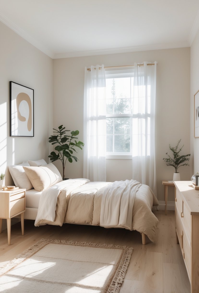 A small bedroom with light-colored walls, a bed with neutral bedding, wooden furniture, a window with sheer curtains, and a potted plant.