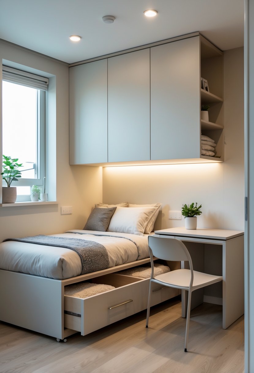 Small bedroom with a storage bed and a fold-away desk, neatly organized and well-lit.