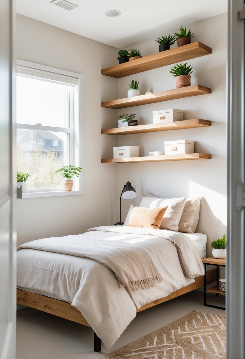 A small bedroom with wall-mounted shelves above the bed holding plants, books, and storage boxes, with a clear floor and natural light coming through a window.