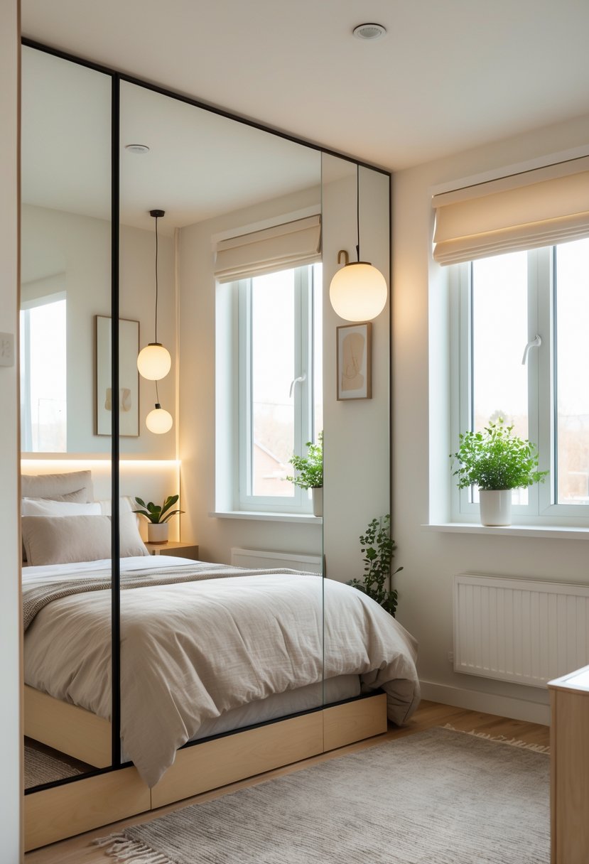 A small bedroom with a bed and a large wall mirror reflecting natural light to make the space appear larger.