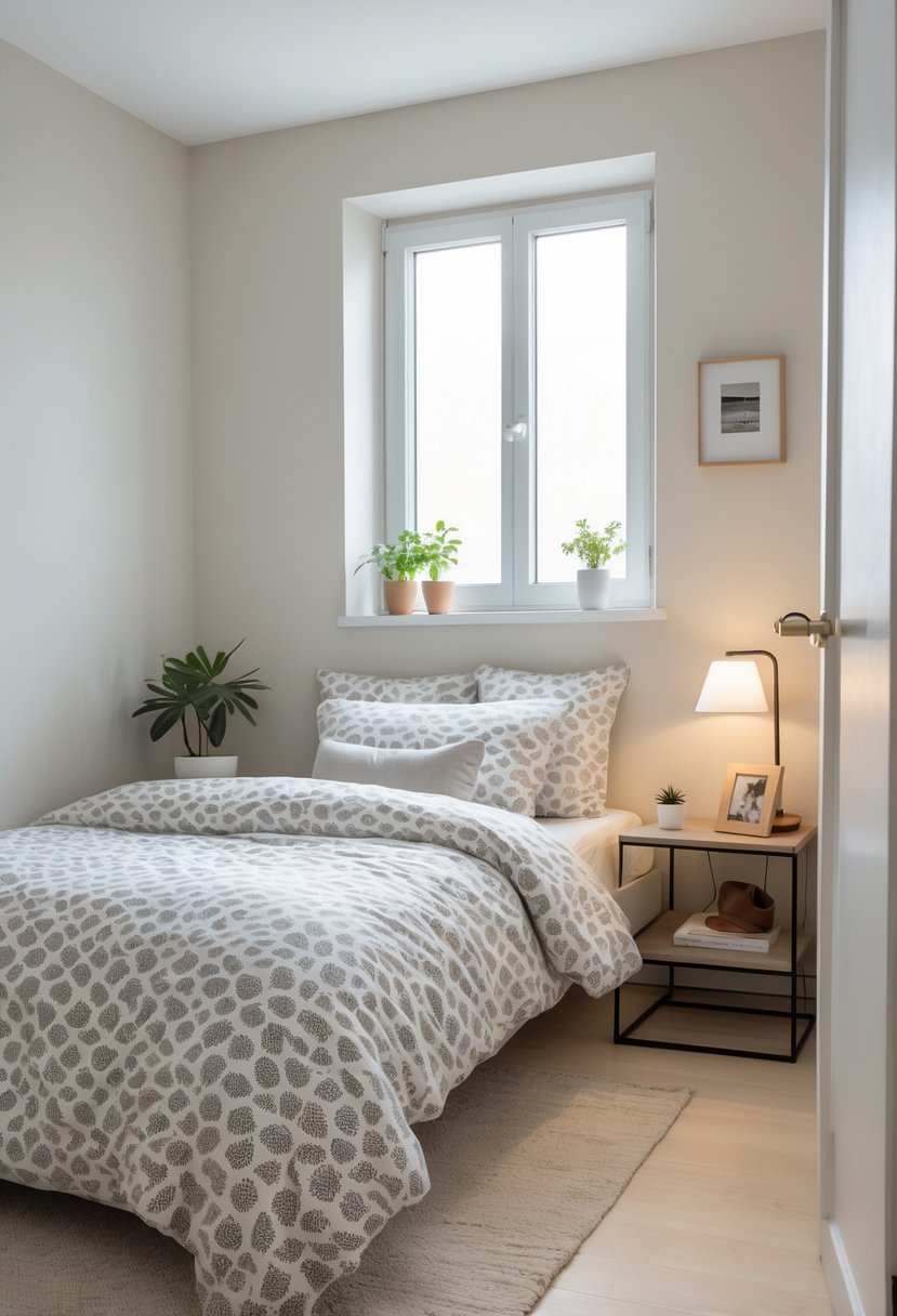 A small bedroom with a neatly made bed featuring solid-colored bedding, a nightstand with a lamp and plant, and natural light coming through a window.