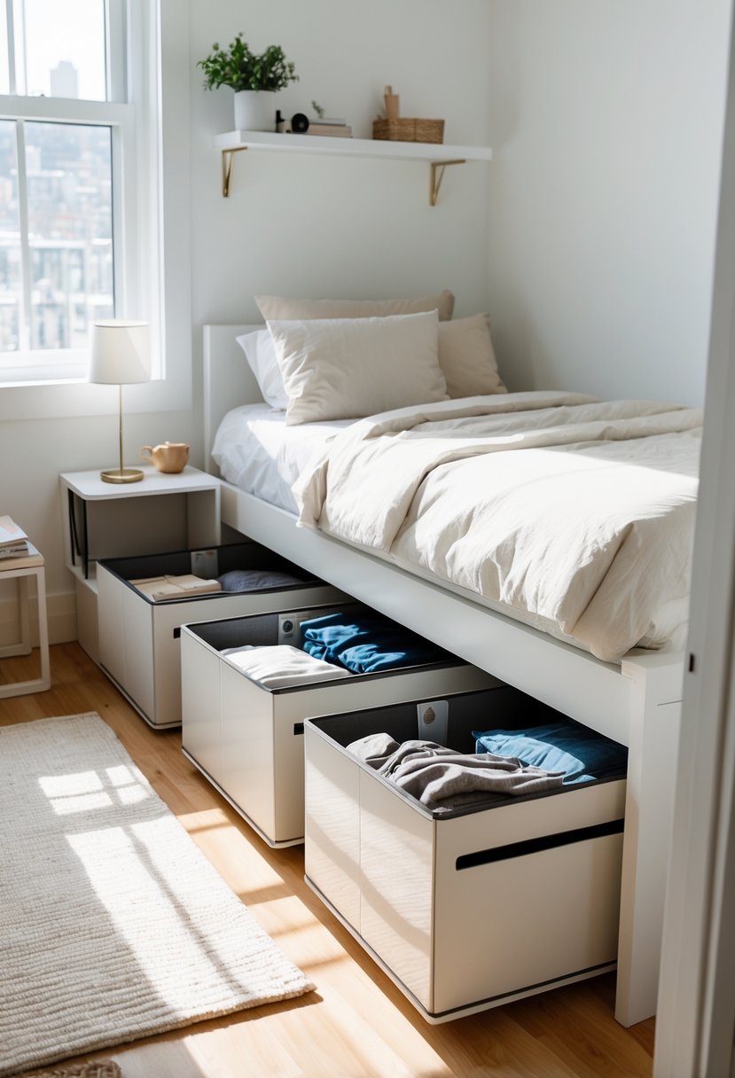 A small bedroom with a bed and under-bed storage boxes pulled out, showing organized items inside.