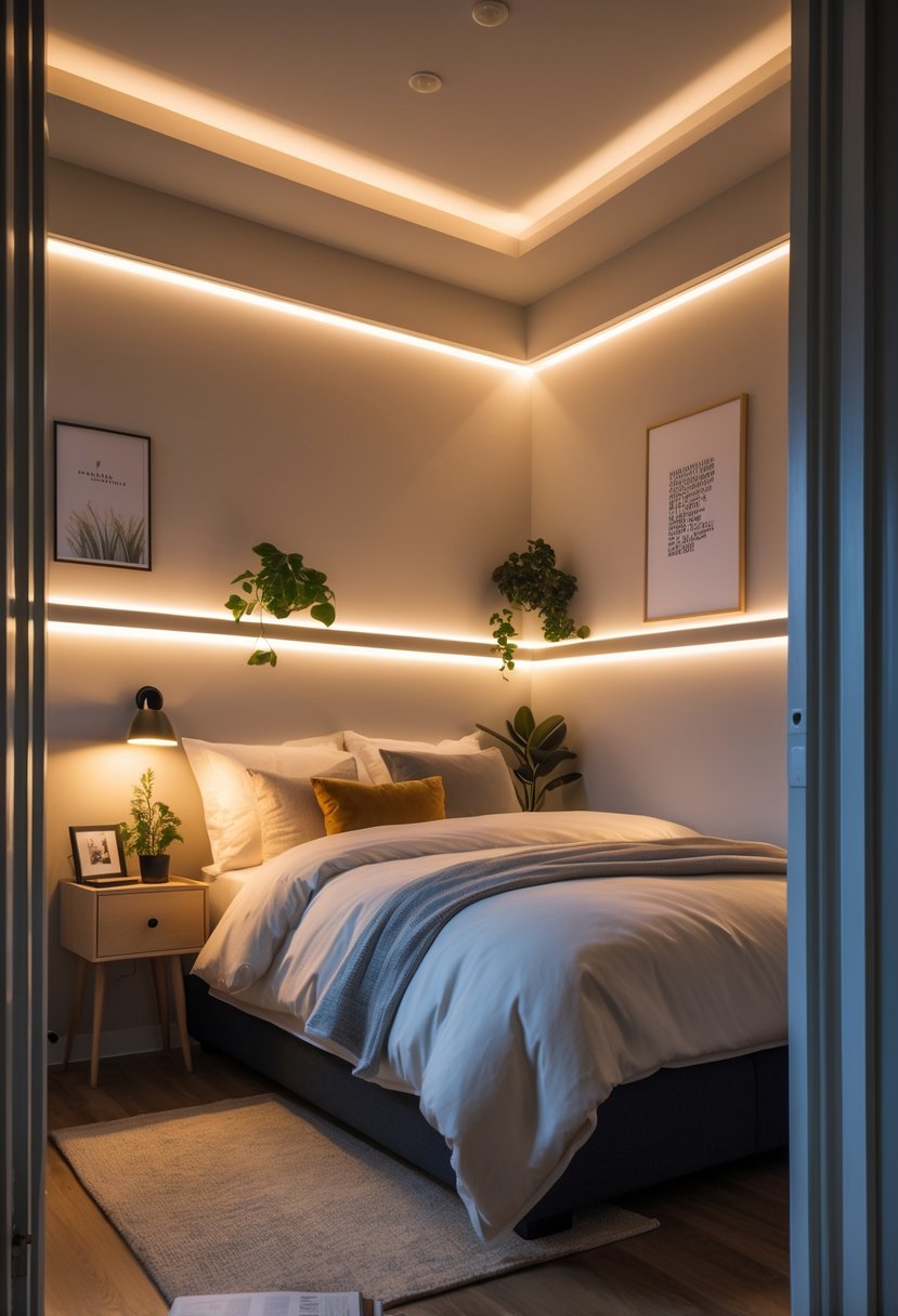 A small bedroom with a bed, bedside lamps, overhead lights, and accent lighting illuminating the space.