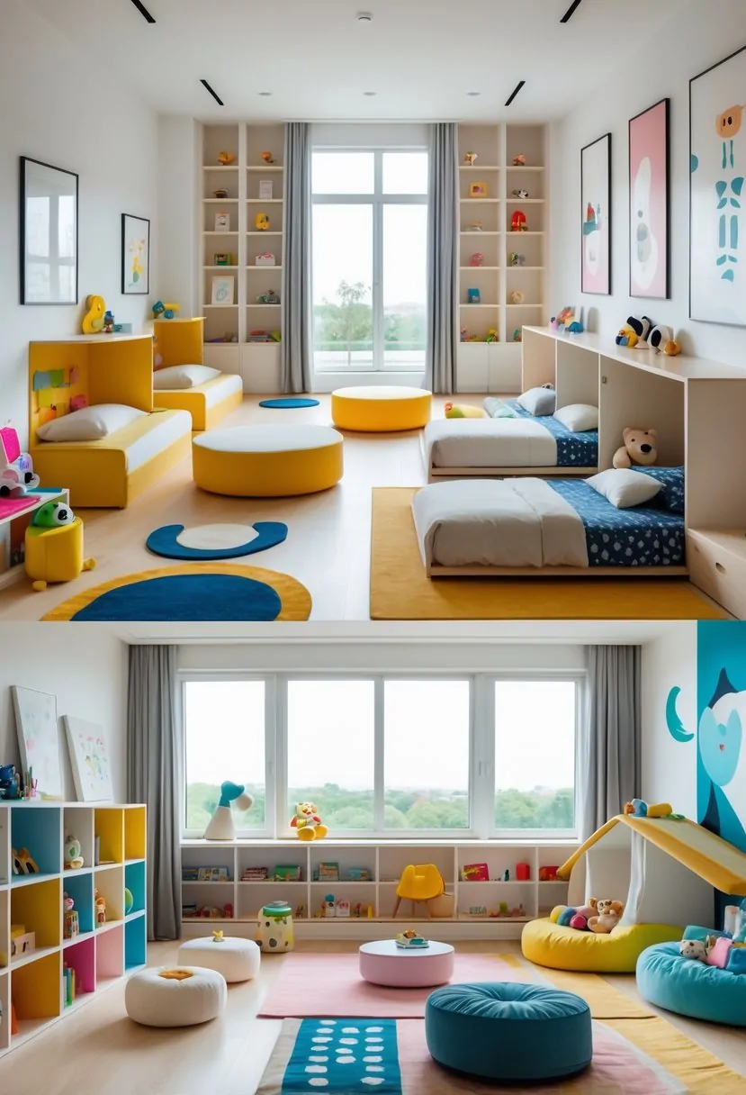 A bright and spacious kids' room with ten separate sleeping and play areas, featuring beds, storage units, toys, and large windows letting in natural light.