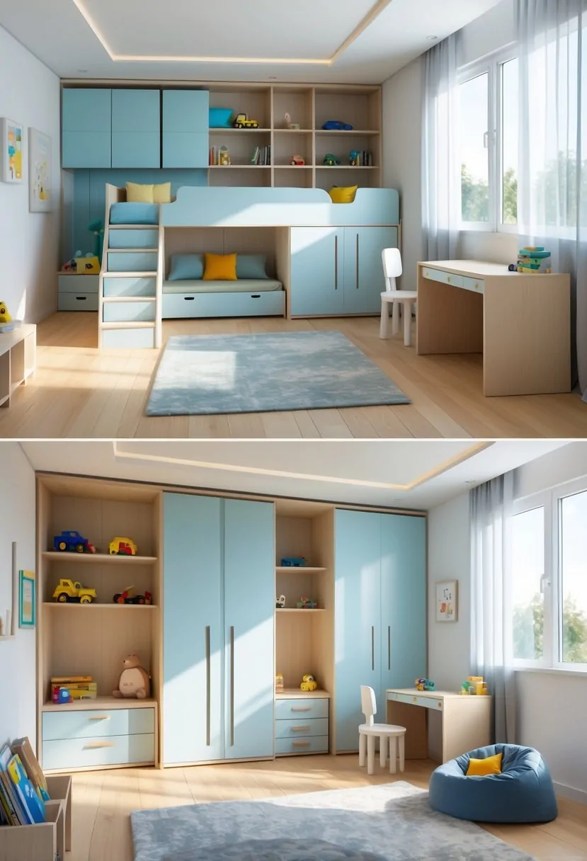 A children's bedroom with multifunctional furniture including a loft bed with desk, storage drawers, wardrobe, and organized shelves, brightly lit by natural light.