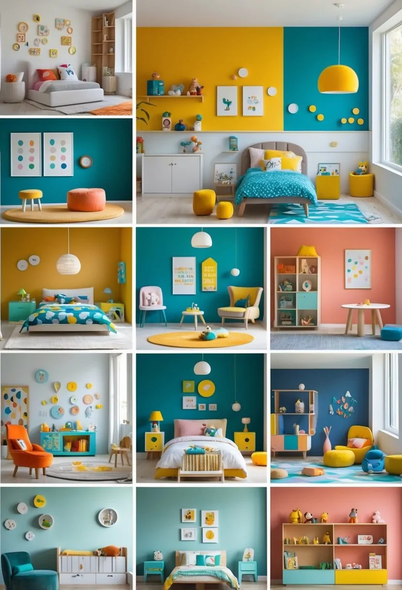 A bright children's bedroom with colorful accent walls and ten different modern kids' room setups featuring playful furniture and creative decor.