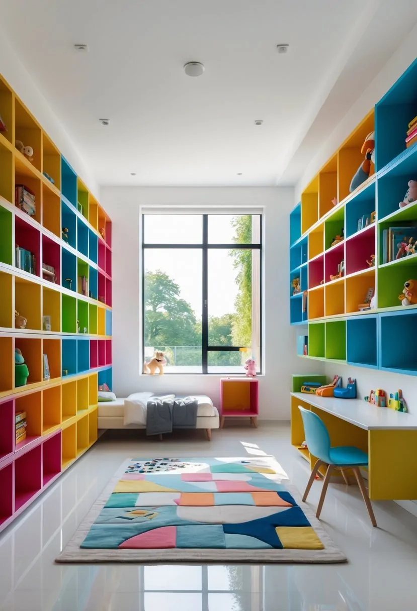 A modern kids' bedroom with modular storage shelves filled with toys and books, a bed, desk, and large windows letting in natural light.