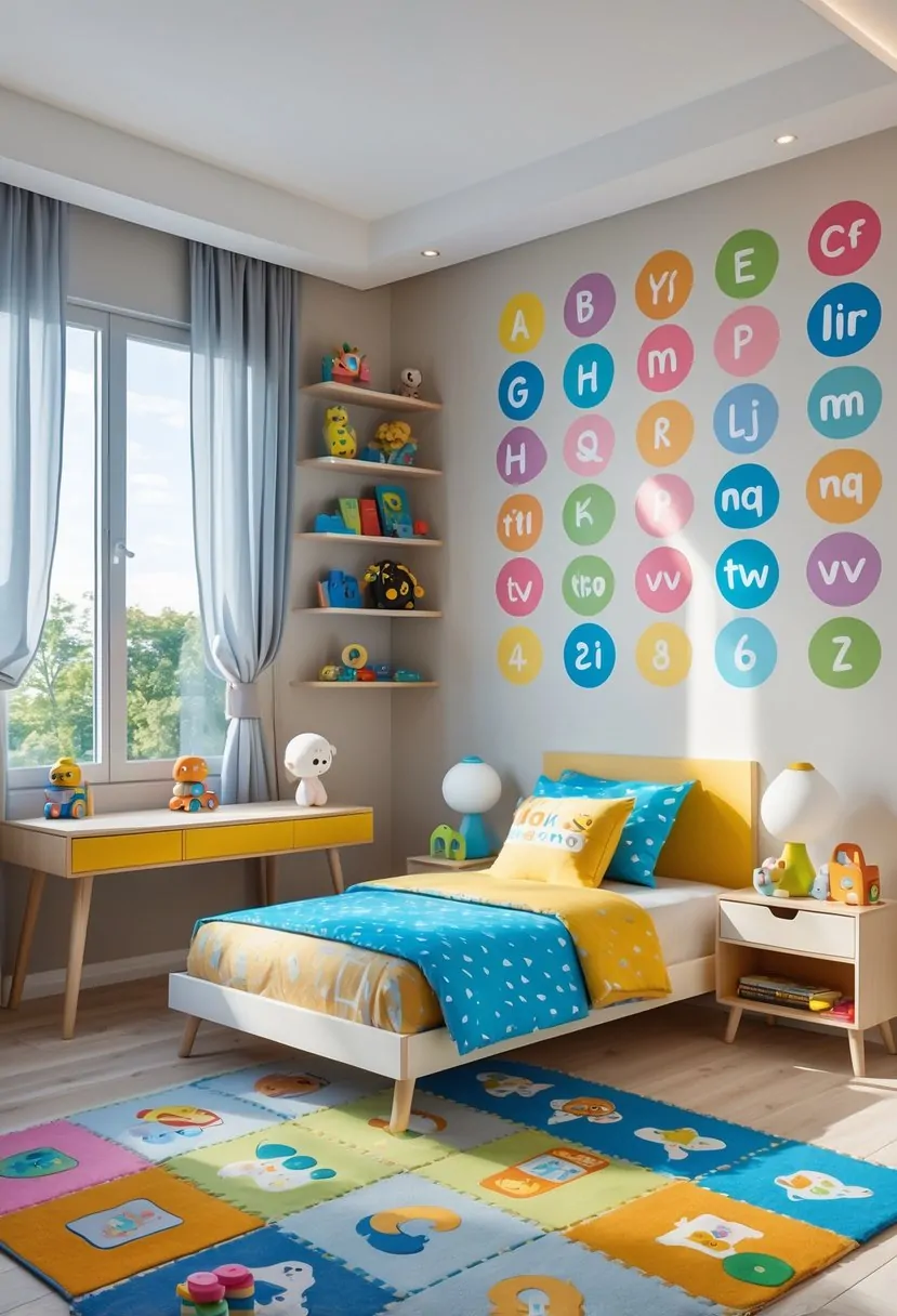 A modern children's bedroom with colorful educational wall decals, a bed, desk, shelves with books and toys, and natural light coming through windows.