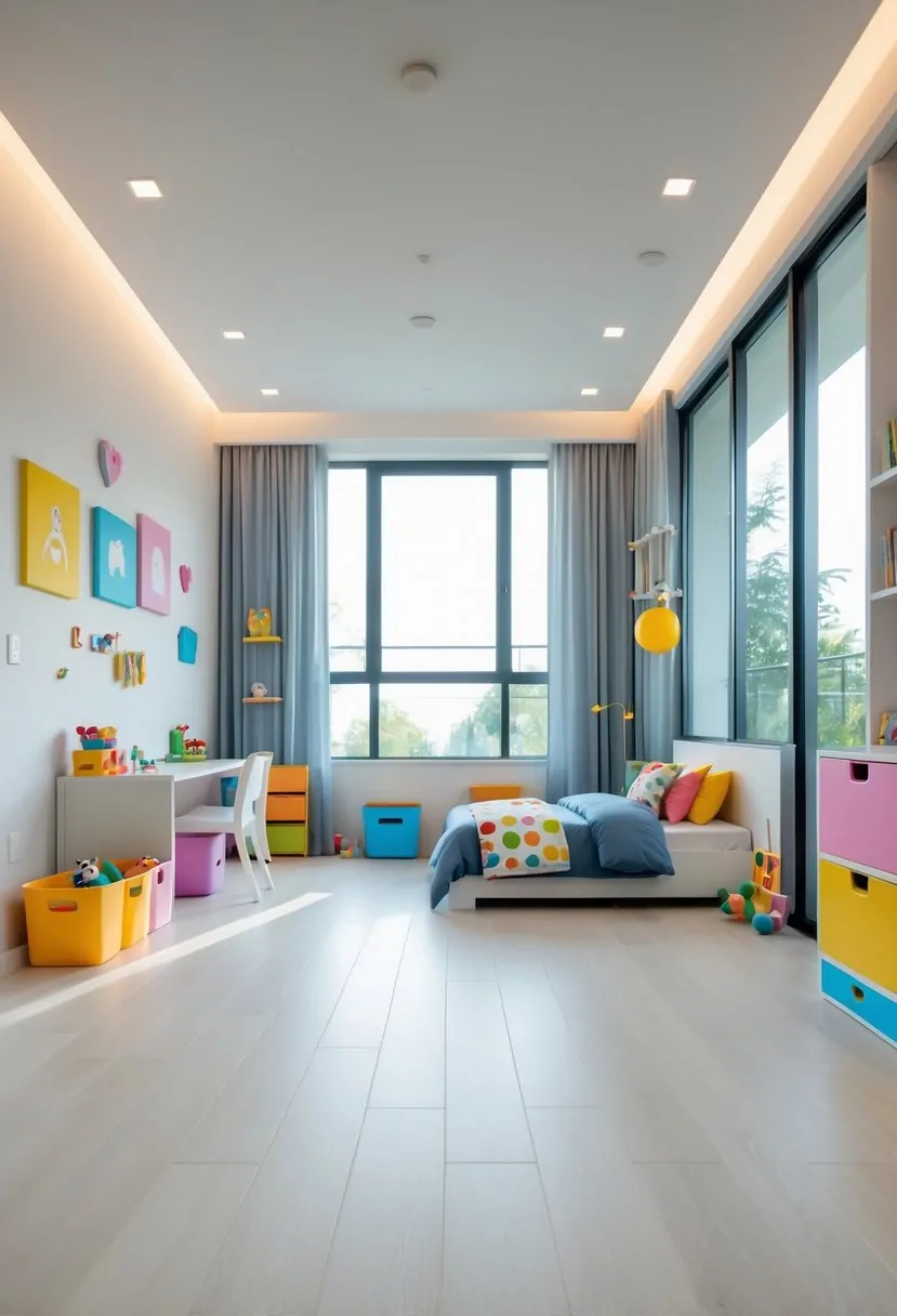 A bright kids' bedroom with durable, easy-to-clean flooring, a bed, desk, storage bins, and toys neatly arranged.