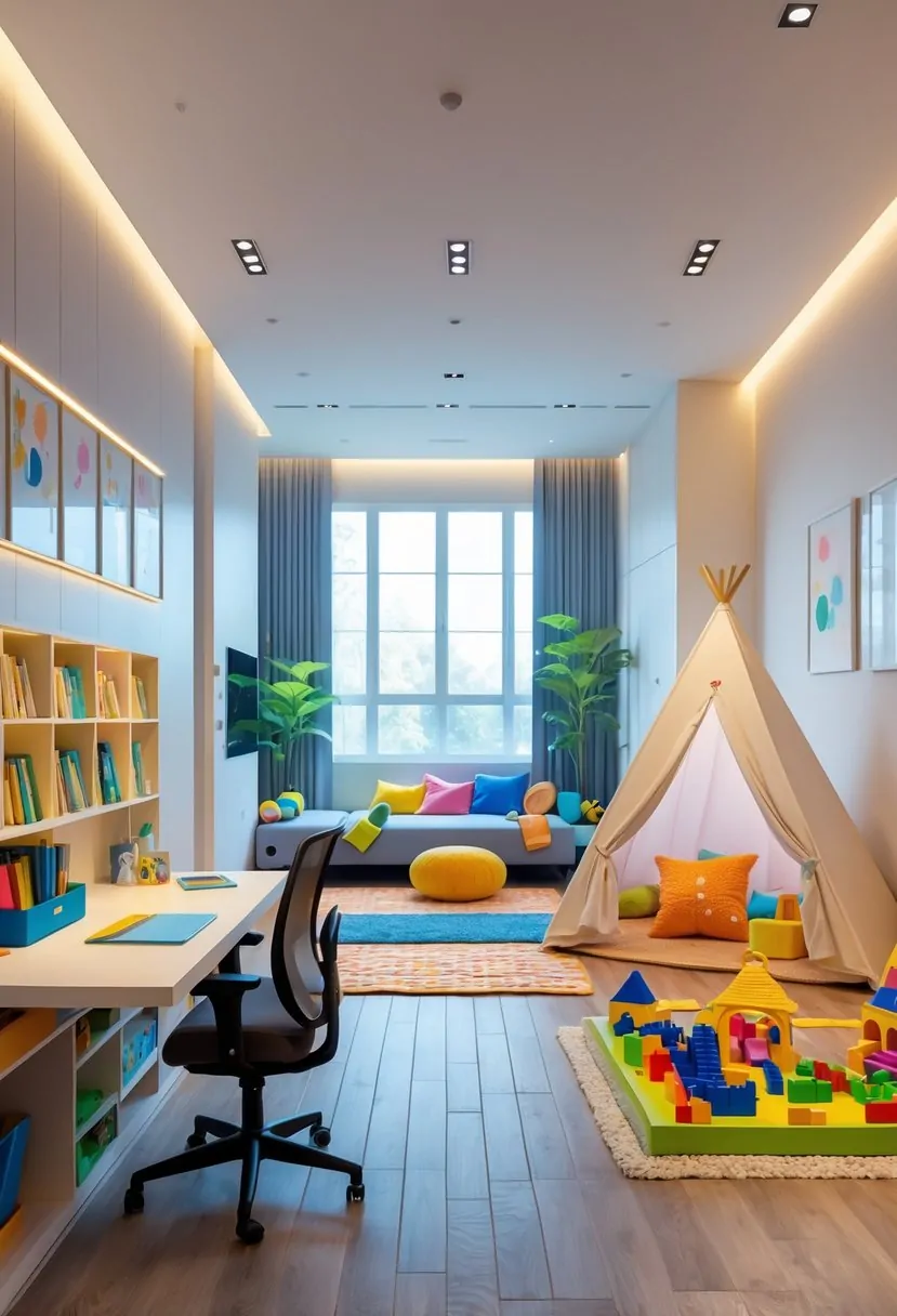 A modern kids' room with separate areas for studying, playing, and resting, featuring a desk with books, a play area with toys, and a bed.