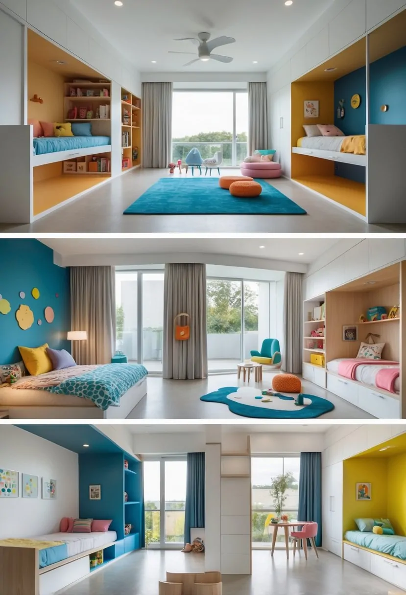 A bright kids' bedroom with built-in bunk beds and organized, spacious floor areas featuring colorful bedding and toys.