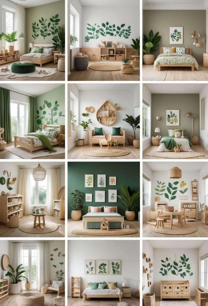 A collection of 10 kids' rooms decorated with plants, natural wood furniture, and earth-toned colors, featuring bright windows and nature-themed decor.
